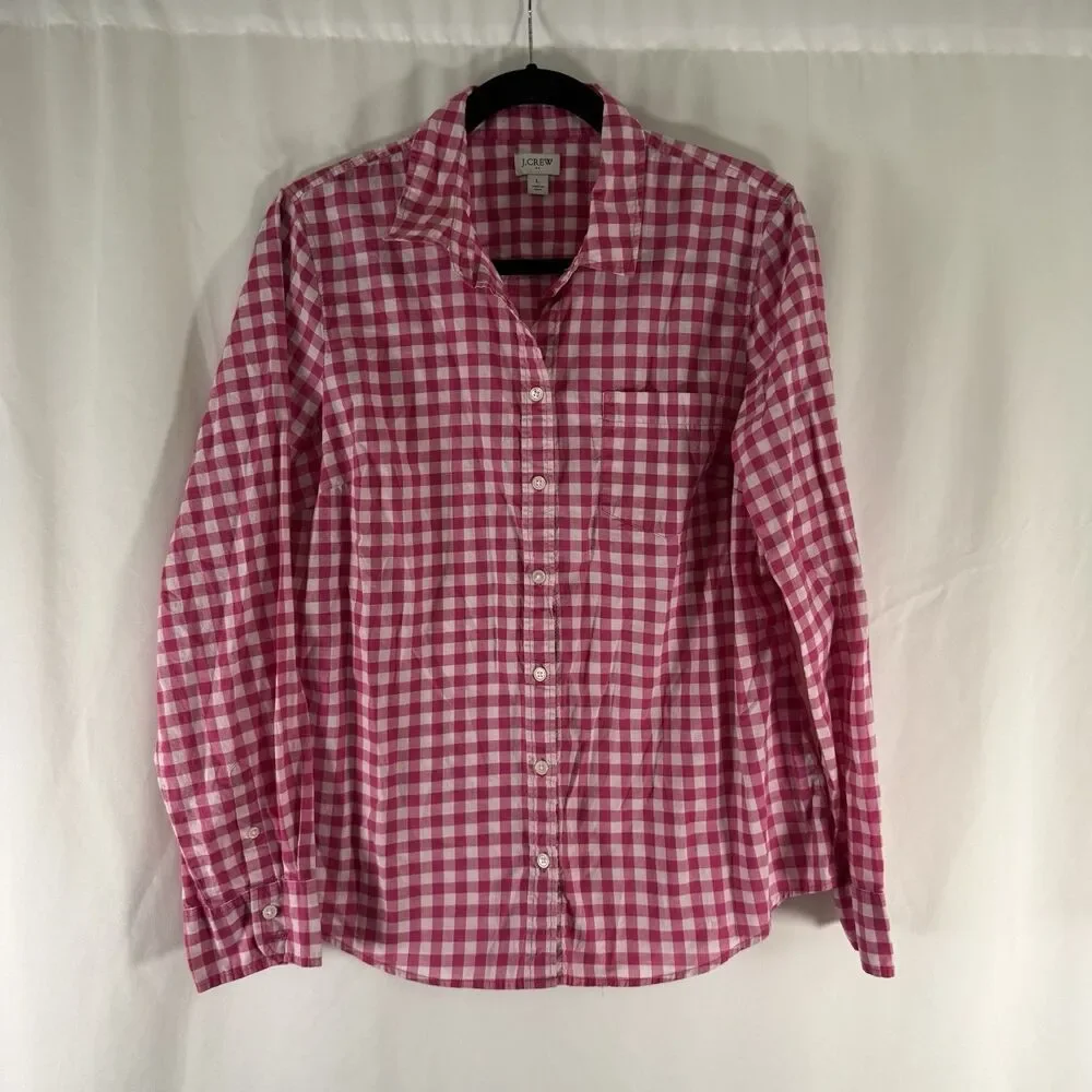 J Crew Button Down Shirt Women's Large Pink White Plaid Long Sleeve Collared Lig